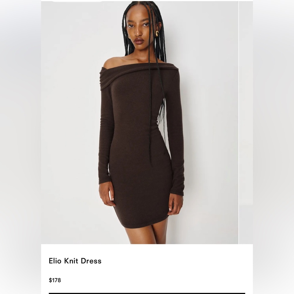 Reformation Off-Shoulder Elio Knit Dress in Dark Brown - Picture 1 of 3